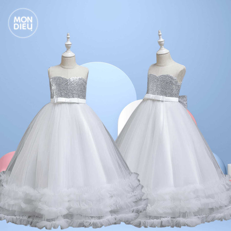 Vestido Anastasia color plata para niñas Mon Dieu!